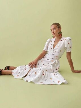 Reformation Veronika Fruit Loops White Wrap Midi Dress with Multi-Color Floral